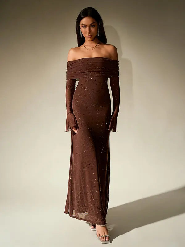 ANDREA™ - Women's Off-The-Shoulder Ruched Contrast Sequin Bodycon Dress