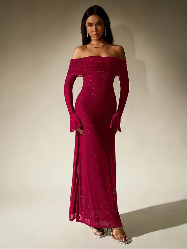 ANDREA™ - Women's Off-The-Shoulder Ruched Contrast Sequin Bodycon Dress
